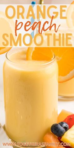 an orange peach smoothie is garnished with fresh fruit