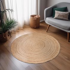 a living room with a chair, rug and potted plant on the hardwood floor