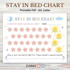 a printable bed chart with stars and moon on it, the text says stay in bed