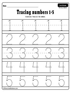 the worksheet for numbers 1 - 5 is shown in black and white, which includes