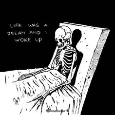 a skeleton sitting on top of a bed next to a window with the words life was a dream and i woke up