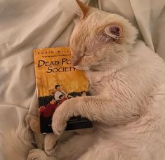 a white cat laying on top of a bed next to a book titled dead poo society