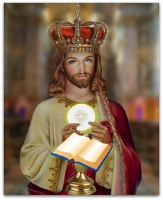 a painting of jesus holding a book and a cross in front of his face while wearing a crown