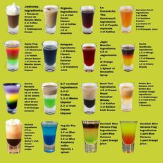 an image of different colored drinks with names on it's side and description in english