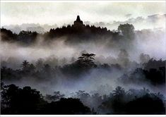 fog covers the trees in front of a church on top of a hill with a clock tower