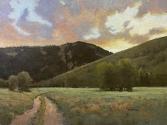 an oil painting of a dirt road in the middle of a field with mountains behind it