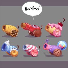 an image of cartoon toys with bubblegums and donuts on them in different colors