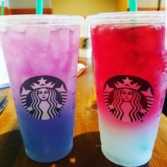 two drinks with different colored beverages in them