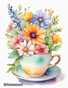 a cup filled with lots of colorful flowers on top of a saucer next to a plate