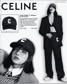 an advertisement for a baseball cap featuring a woman in a suit and hat with the letter c on it