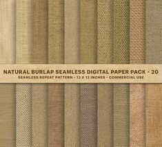 the natural burlap seamless digital paper pack is shown in various colors and sizes