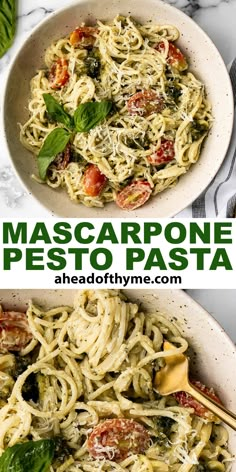 two plates of pasta with pesto sauce and basil