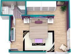 an overhead view of a bedroom and living room