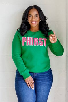 Unisex fit. Model wearing Small; her normal size in women’s is medium. Consider ordering 1 size down. Alpha Kappa Alpha Shirt, Chenille Sweatshirt, Alpha Kappa Alpha Paraphernalia, Aka Sorority Gifts, Black Fraternities, Aka Sorority, Alpha Kappa Alpha, Black Excellence, Teacher Shirts