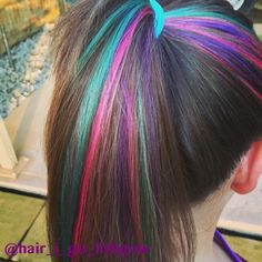 Pink And Teal Peekaboo Hair, Pink Purple Blue Hair Streaks, Turquoise Hair Streaks, Purple Dipped Hair, Kids Peekaboo Hair Color, Pink And Blue Highlights In Brown Hair, Kids Hair Color Ideas Girls Fun, Kids Hair Dye Ideas, Teal Hair Streaks