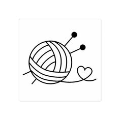 a black and white drawing of a ball of yarn with two hearts on the side