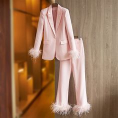 Color: Pink, Size: XL Feather Pantsuit, Candles Business, Celine Belt, Matching Colours, Graduation Outfits, Soft Tailoring, Pantsuits For Women, Feather Trim, England Fashion