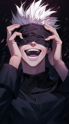 an anime character with white hair wearing a blindfold and smiling while holding his hands up to his face