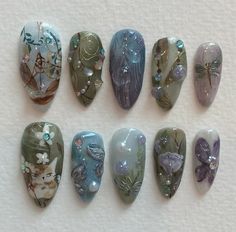 Monet Nails, Hippie Nails, Grunge Nails, Pretty Gel Nails, Nail Ring, Meow Meow