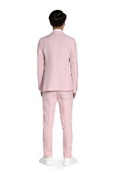 Crisp and smart, this pastel two-piece suit includes flat-front pants, a clip-on tie and traditional detailing to keep your child dapper at any occasion. All three pieces are machine-washable and look ready to wear right out of the dryer. Jacket has notched lapels; three-button cuffs; chest pocket; flap pockets; interior pocket; side vents Trousers have zip fly with hook-and-bar closure; slant pockets; back pockets Jacket is lined Unhemmed 100% polyester Machine wash, tumble dry Imported Formal Fitted Pink Sets, Pink Fitted Sets For Formal Occasions, Formal Spring Suit With Pressed Crease, Spring Tuxedo Suit, Tailored Tuxedo Suit For Spring, Spring Tailored Tuxedo Suit, Pink Tuxedo With Suit Collar For Semi-formal Occasions, Pink Tuxedo With Suit Collar For Semi-formal Events, Fitted Pink Tuxedo Suit