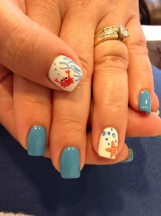 Cute Nail Art Summer, Nail Art Ideas Happy Colors And Designs, Crab Nail Design, Beach Themes Nails, Starfish Toes Nail Art, Sea Animal Nails Designs, Cute Beach Nail Designs, Sea Life Nail Art, Starfish Nail Designs