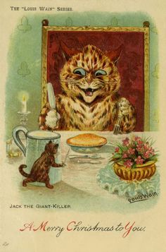 an old fashioned christmas card with a cat at a table and a cup on the table