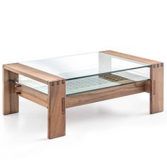 a wooden table with glass top on white background