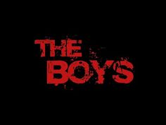 the boys logo on a black background with red paint splattered over it,