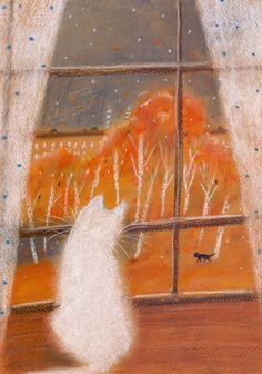 a drawing of a cat sitting in front of a window looking out at the trees outside