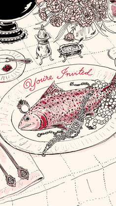 a drawing of a fish on a plate with flowers in the background and an inscription that reads, you're married