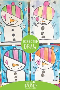 four snowmen painted in different colors with the words directed draw