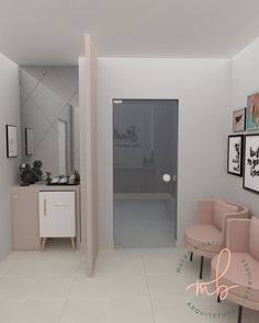 the interior of a modern bathroom with pink chairs and pictures on the wall above it