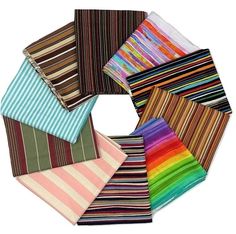 The Stripes Fat Quarters Bundle includes 5, 18" by 22" fabric pieces. Each fabric piece is a striped print. Made of 100% cotton.   Due to the large quantities of these that we sell, please note that the prints you receive will be very similar to the ones pictured  but not exactly the same. If you were to order 5 bundles you might receive all different patterns in all the bundles or a couple of patterns will be the same. The shades and designs are all extremely similar to each other.      * Even Br Style, Digital Print Fabric, Fat Quarter Bundles, Softies, Different Patterns, Textile Prints, Fat Quarters, One Pic, Fat Quarter