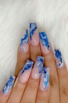 Blooming nails, acrylic nails, summer nail designs, beach nails, sea nails, ocean nails, blue nails, waves nail art, coffin nails Blue Acrilyc Nails Design, Marble Nails Summer Vibes, Horrible Acrylic Nails, Full Colored Nails, All Nail Designs, Outgoing Nails, Acrylic Nail Inspo Medium Length Square, Blue Marble French Tip Nails, Blue Nailsdesign