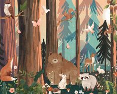 a bear and other animals are in the woods