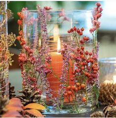 an arrangement of flowers, candles and pine cones are on display in glass vases