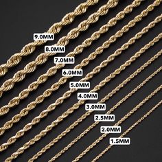 Here's a Rope Chain. From our 14K Chains collection, this 14K Yellow Gold Hollow Rope Chain features a shiny finish. Product Details:Metal: Real 14K Gold 1.5mm: 2.64 grams (0.11 g/in)2.0mm: 3.79 grams (0.15 g/in)2.5mm: 4.10 grams (0.17 g/in)3.0mm: 5.53 grams (0.23 g/in)4.0mm: 7.38 grams (0.30 g/in)5.0mm: 12.26 grams (0.51 g/in)6.0mm: 15.04 grams (0.62 g/in)7.0mm: 20.34 grams (0.84 g/in)8.0mm: 25.84 grams (1.07 g/in)9.0mm: 35.14 grams (1.46 g/in)Length: All weights are written in 24" version, the 5 Grams Gold Chain Design, 10 Grams Gold Chain Design, Thali Chain, Embroidery Floss Bracelets, Floss Bracelets, Real Gold Chains, Gold Chain Design, Real Gold Jewelry, Gold Rope Chains