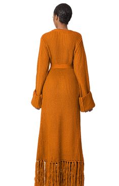 MIYA KNIT CARDIGAN DRESS — Hanifa Fitted V-neck Sweater Coat For Spring, Long Solid Color Sweater Dress For Fall, Fall V-neck Belted Maxi Dress, Elegant Long Knit Outerwear, Cozy Knitted Fitted Dress, Cozy Fitted Knitted Dresses, Long Solid Color Winter Dress, Elegant Knit Sweater Coat For Loungewear, Elegant Long Knit Sweater Coat