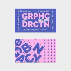 two business cards with the words graphic art designer drctn in purple and pink