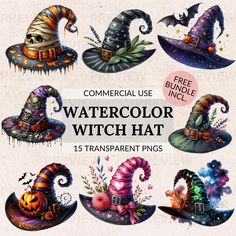 watercolor witch hats with different designs and colors