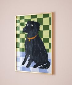 a painting of a black dog on a green and white checkered wall