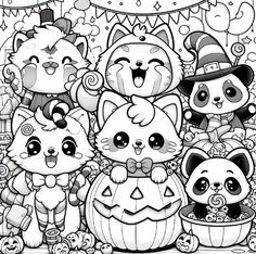 an adult coloring page with halloween cats and pumpkins