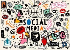 the words social media are surrounded by doodles and other graphic elements in this image