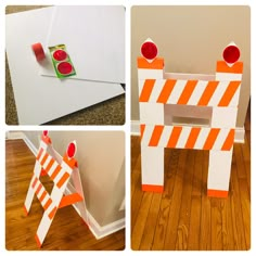 some construction paper and tape are on the floor next to an orange and white gate