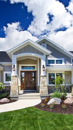 Holladay Residence - JD - Craftsman - Exterior - Salt Lake City - by Upland Development, Inc. | Houzz Landscaping In Front Of House, Craftsman Rambler, Rambler House, Shade Landscaping, Craftsman Homes, Craftsman Exterior, Front Porch Design, Craftsman Style Homes, House Front Door