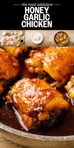 honey garlic chicken in a skillet on a wooden table with the title above it