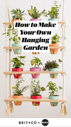 a wooden shelf filled with potted plants and text overlaying how to make your own hanging garden