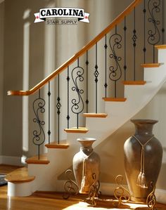 an advertisement for stair railings and handrails featuring vases on the stairs