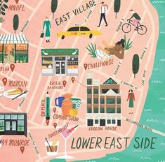 an illustrated map of lower east side, new york with people walking and shops on it