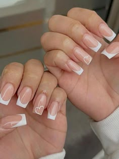 Nails Ideas For A Wedding, French Nails Tips White, Heart On French Tip Nails, Nail Design Ideas Square, White And French Tip Nails, French Nails White Design, Nail Inspo With Hearts, French Tip Square Nails With Design, Nails French With Heart